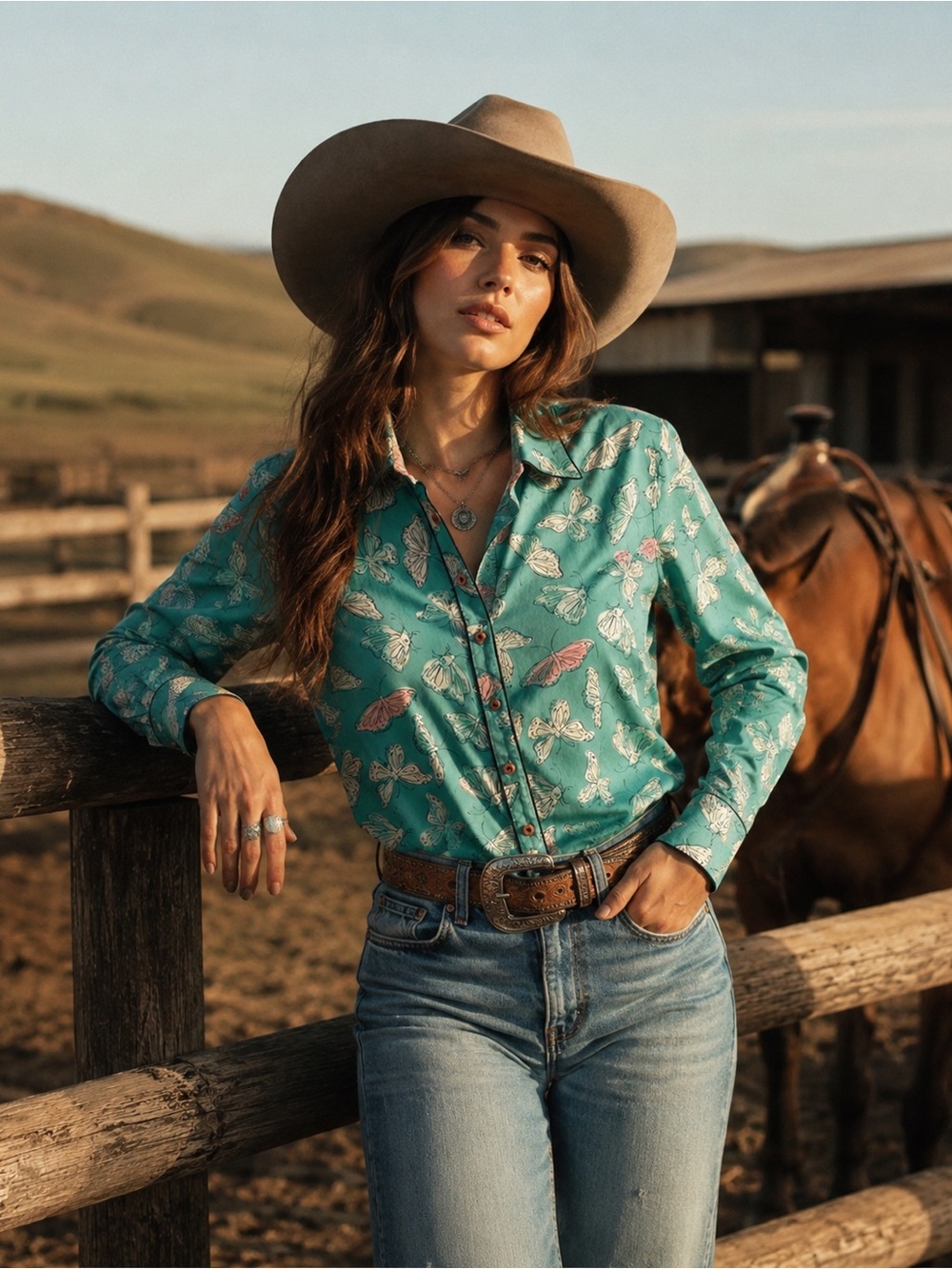 CR Ranchwear Moth Butterfly Novelty Print Western Shirt Button Front